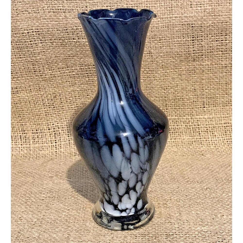 6" Black Glass Bud Vase With White Splatter Swirl Tall FLAW